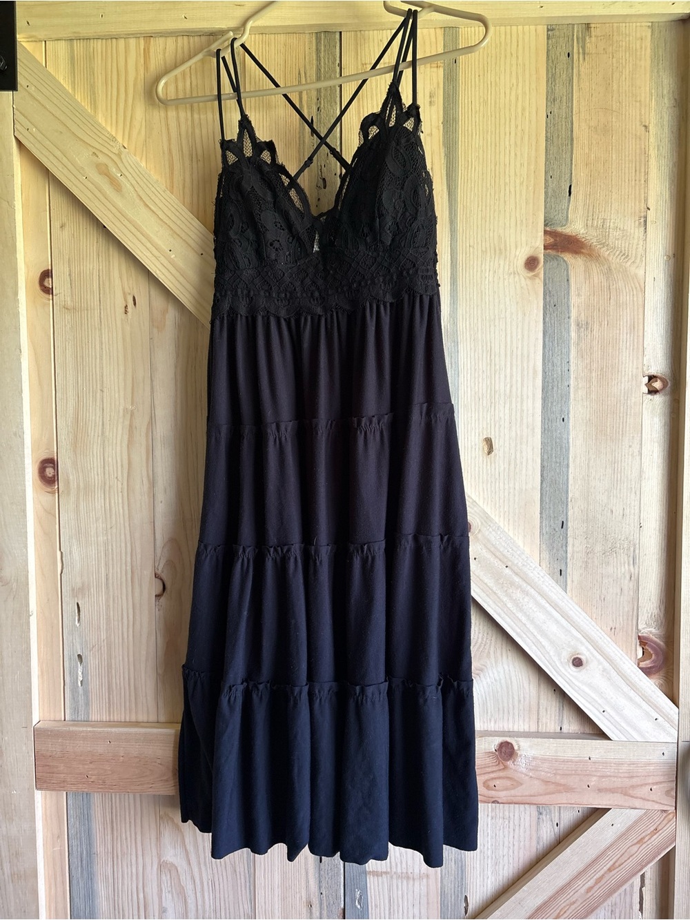 Black Lace Bodice Maxi Dress with Crisscross Straps